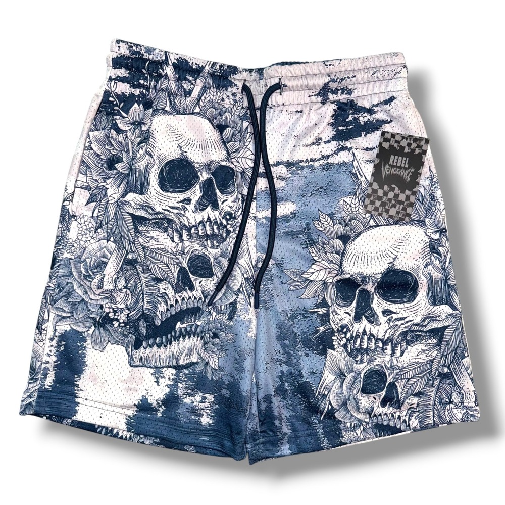 Rebel Vengeance Mesh Shorts Mens Medium Blue White Skull Floral Graphic Goth AOP